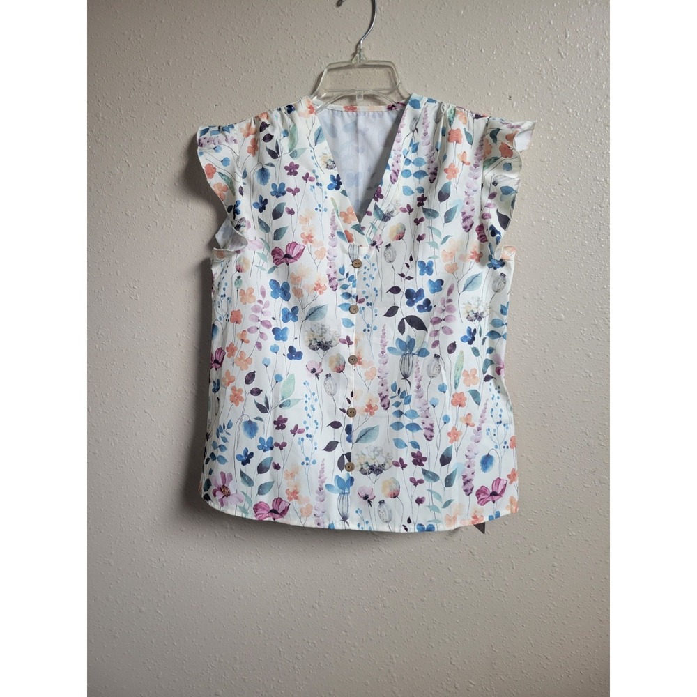 Emery Rose Women's White Floral V-Neck Lightweight Blouse Top Shirt Sz S‎ NWT